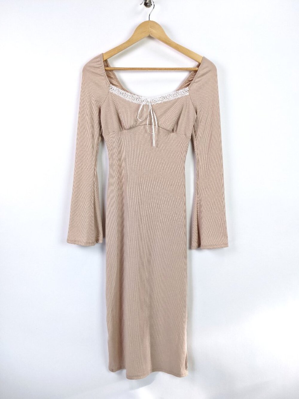 LUSH Womens Ribbed Square Neck Stretch Midi Dress in Mocha Beige Size XS